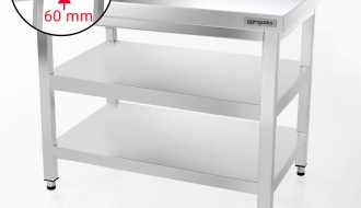 Työpöytä, ruostumaton teräs PREMIUM - 1,0 m - pohjalevyllä, välipohjalla & korkealla reunalla