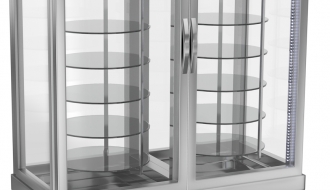 Panoramic display cabinet with 14 rotating glass shelves