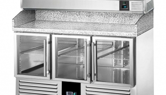 Pizza preparation refrigerator PREMIUM - 1,4 x 0,7 m - 3 glassdoors & granite top