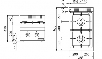 Gas stove 2x burners (9,5 kW) with pilot flame
