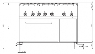 Gas stove with 6 burners (53,5 kW) + Electric oven - static (7,5 kW)