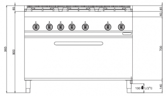 Gas stove 6xburner (53,5 kW) + Gas oven (12 kW)