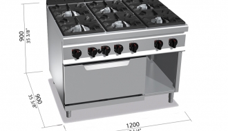 Gas stove with 6 burner (53,5 kW) + Gas oven (7,8 kW)