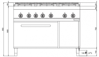 Gas stove with 6 burner (53,5 kW) + Gas oven (7,8 kW)