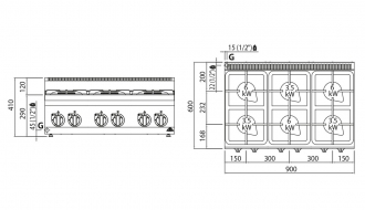 Gas stove 6xburner (28,5 kW) with pilot flame